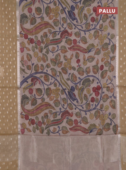 Art kota saree beige and sandal with allover kalamari prints & embroidery work and zari woven border