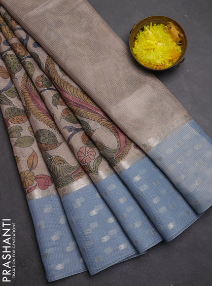 Art kota saree beige and pastel blue with allover kalamari prints & embroidery work and zari woven border