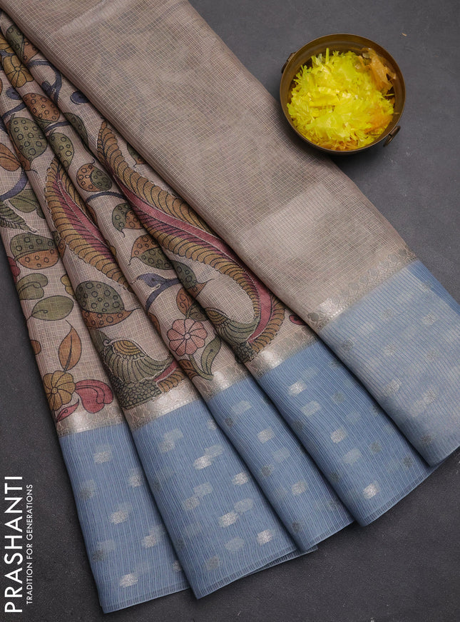 Art kota saree beige and pastel blue with allover kalamari prints & embroidery work and zari woven border