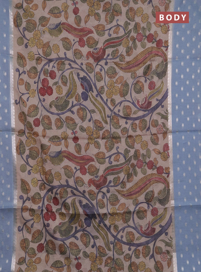 Art kota saree beige and pastel blue with allover kalamari prints & embroidery work and zari woven border
