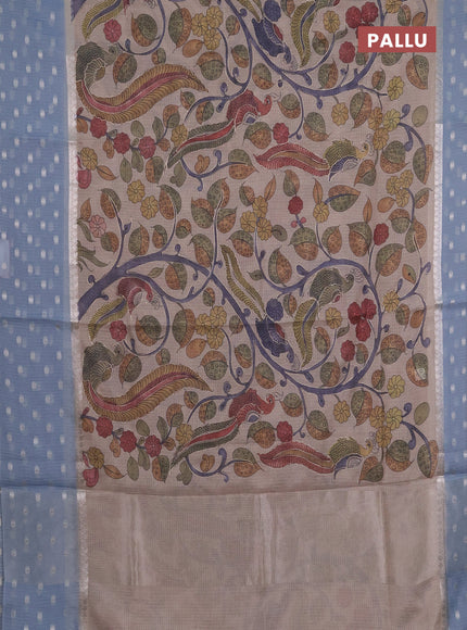 Art kota saree beige and pastel blue with allover kalamari prints & embroidery work and zari woven border