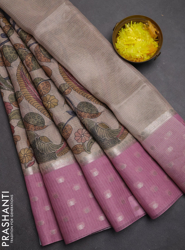 Art kota saree beige and pastel pink with allover kalamari prints & embroidery work and zari woven border