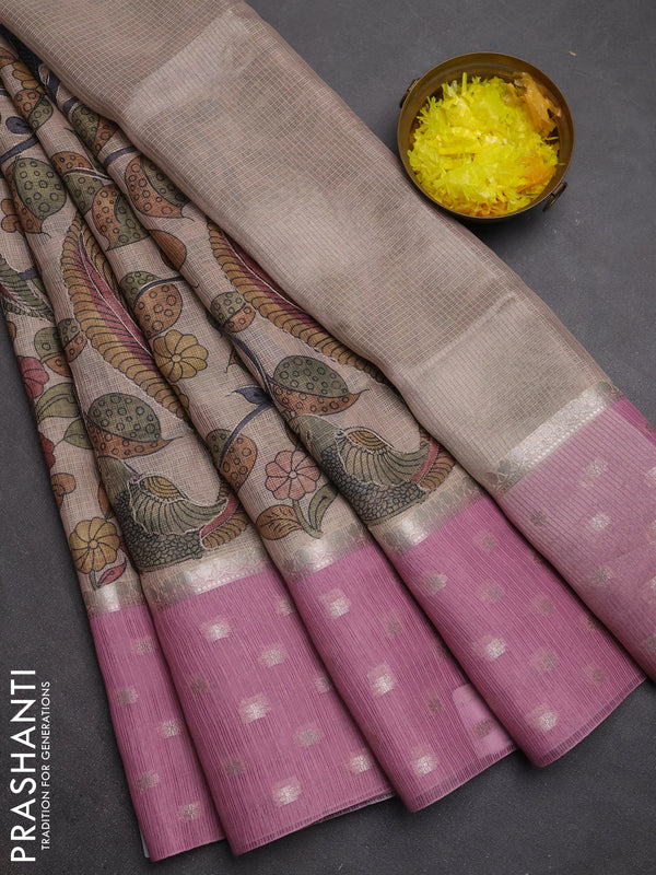 Art kota saree beige and pastel pink with allover kalamari prints & embroidery work and zari woven border