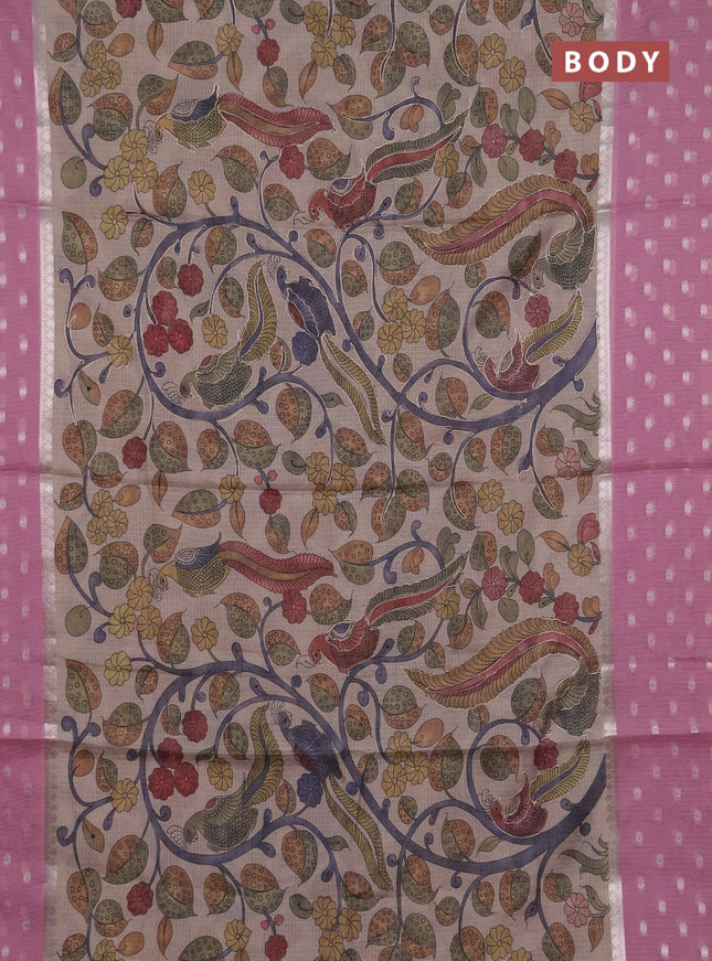 Art kota saree beige and pastel pink with allover kalamari prints & embroidery work and zari woven border