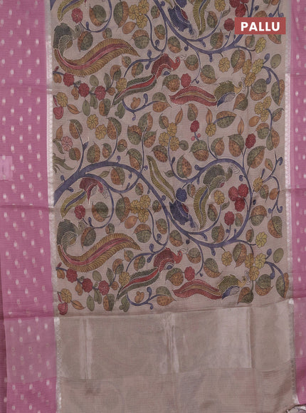 Art kota saree beige and pastel pink with allover kalamari prints & embroidery work and zari woven border