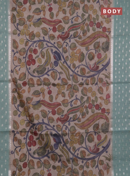 Art kota saree beige and pastel green with allover kalamari prints & embroidery work and zari woven border