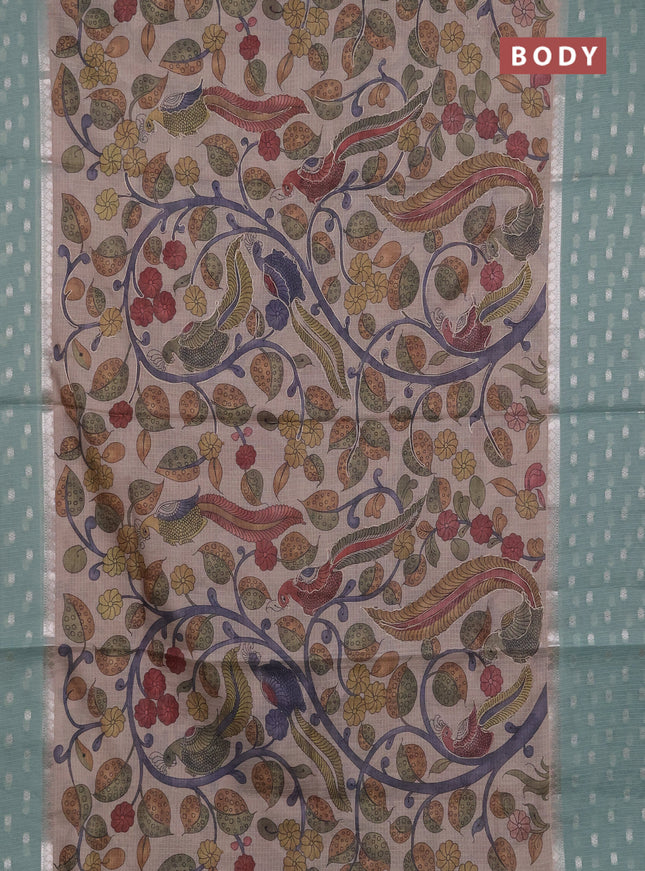 Art kota saree beige and pastel green with allover kalamari prints & embroidery work and zari woven border