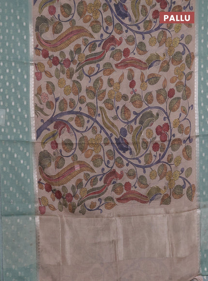 Art kota saree beige and pastel green with allover kalamari prints & embroidery work and zari woven border