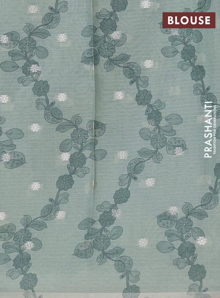 Art kota saree beige and pastel green with allover kalamari prints & embroidery work and zari woven border