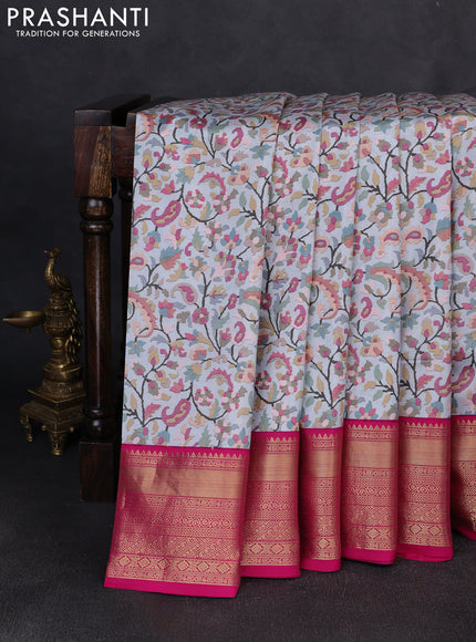 Pure kanchipuram silk saree bluish grey and pink with allover digital prints and rich zari woven border