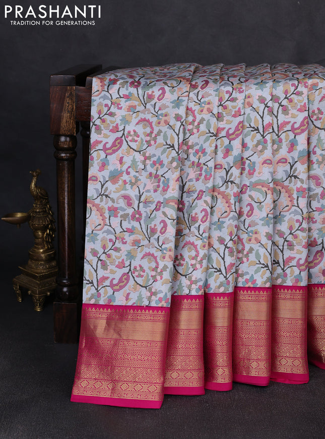 Pure kanchipuram silk saree bluish grey and pink with allover digital prints and rich zari woven border