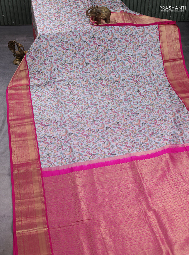 Pure kanchipuram silk saree bluish grey and pink with allover digital prints and rich zari woven border