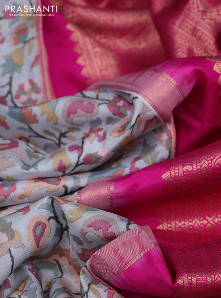 Pure kanchipuram silk saree bluish grey and pink with allover digital prints and rich zari woven border