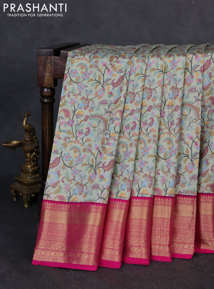 Pure kanchipuram silk saree pastel green and pink with allover digital prints and rich zari woven border