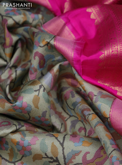 Pure kanchipuram silk saree pastel green and pink with allover digital prints and rich zari woven border