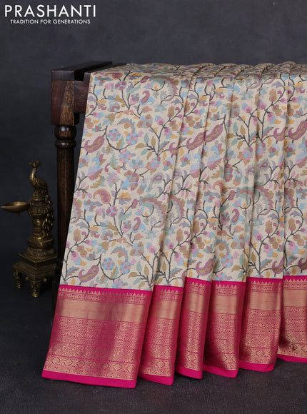 Pure kanchipuram silk saree beige and pink with allover digital prints and rich zari woven border