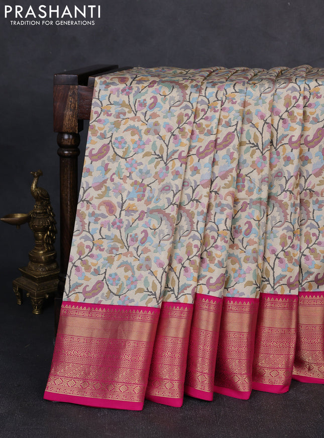 Pure kanchipuram silk saree beige and pink with allover digital prints and rich zari woven border