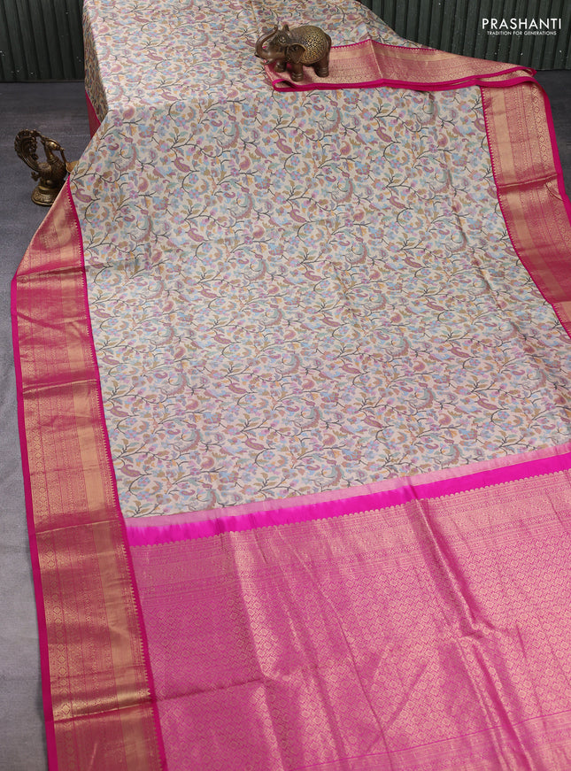 Pure kanchipuram silk saree beige and pink with allover digital prints and rich zari woven border