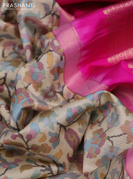 Pure kanchipuram silk saree beige and pink with allover digital prints and rich zari woven border