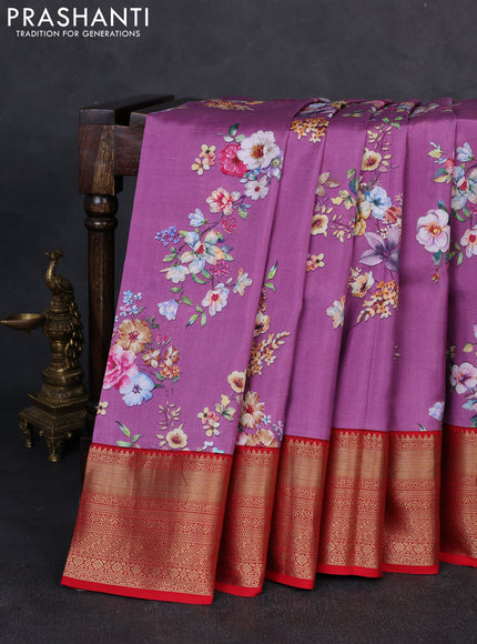 Pure kanchipuram silk saree purple and red with allover floral digital prints and rich zari woven border