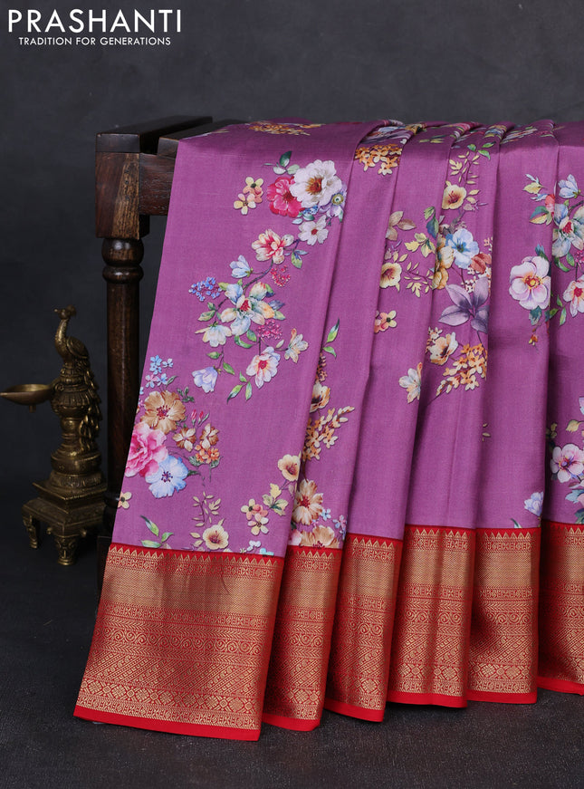 Pure kanchipuram silk saree purple and red with allover floral digital prints and rich zari woven border