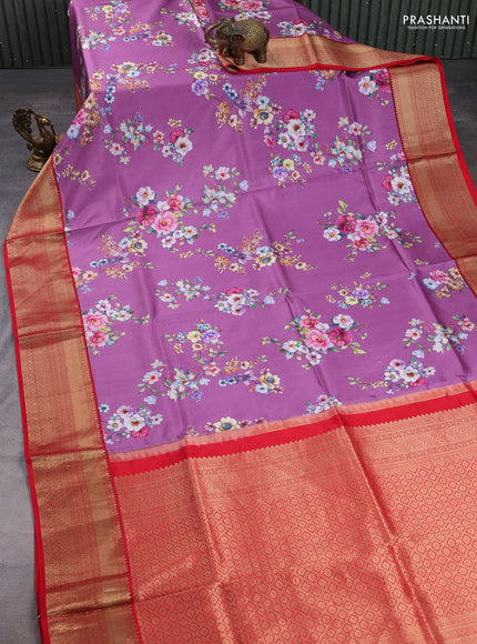 Pure kanchipuram silk saree purple and red with allover floral digital prints and rich zari woven border