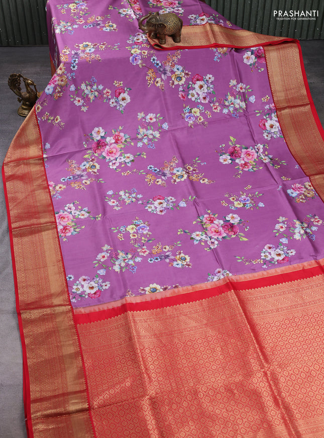 Pure kanchipuram silk saree purple and red with allover floral digital prints and rich zari woven border