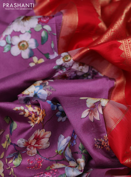Pure kanchipuram silk saree purple and red with allover floral digital prints and rich zari woven border