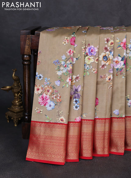 Pure kanchipuram silk saree chikku shade and red with allover floral digital prints and rich zari woven border