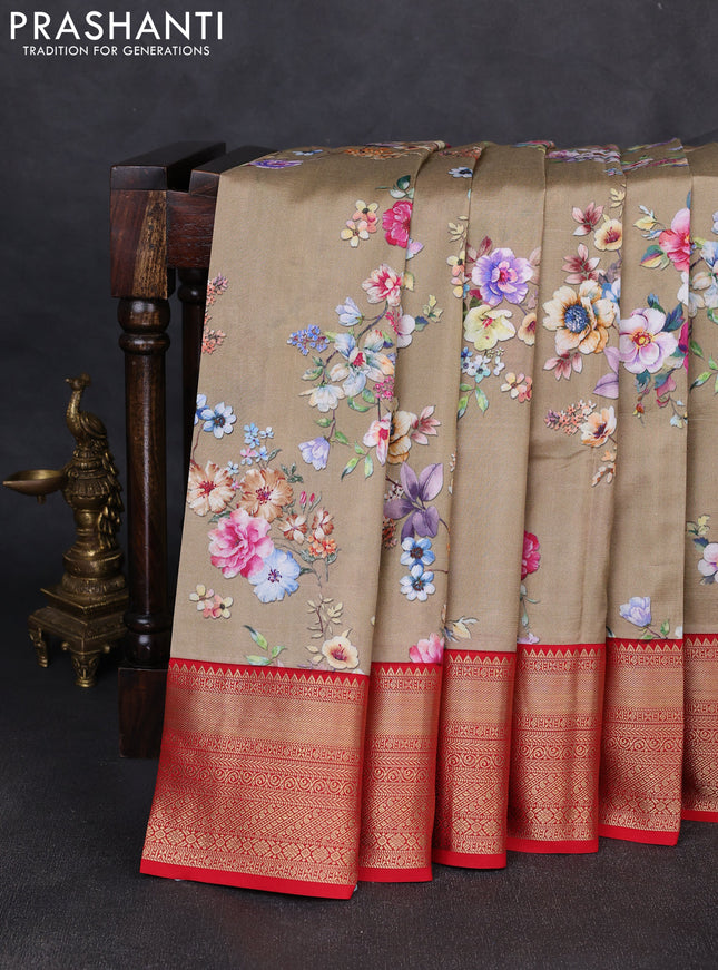 Pure kanchipuram silk saree chikku shade and red with allover floral digital prints and rich zari woven border