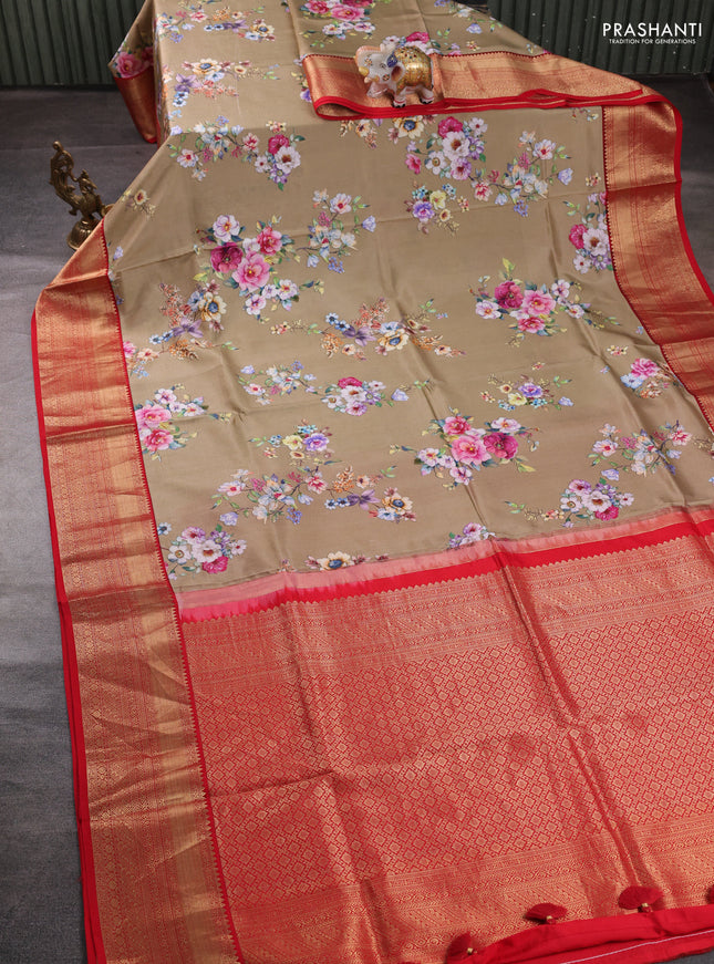 Pure kanchipuram silk saree chikku shade and red with allover floral digital prints and rich zari woven border