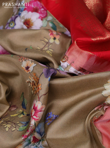 Pure kanchipuram silk saree chikku shade and red with allover floral digital prints and rich zari woven border