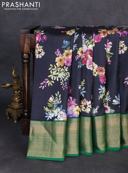 Pure kanchipuram silk saree black and green with allover floral digital prints and rich zari woven border