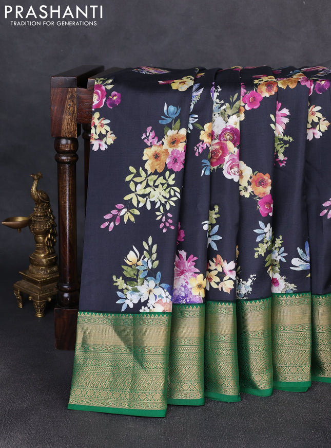 Pure kanchipuram silk saree black and green with allover floral digital prints and rich zari woven border