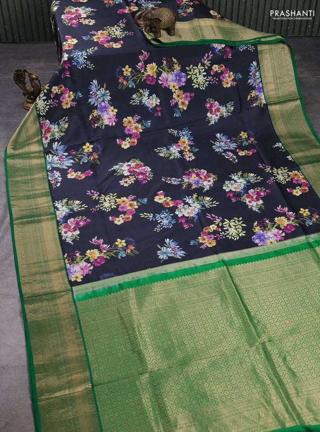 Pure kanchipuram silk saree black and green with allover floral digital prints and rich zari woven border
