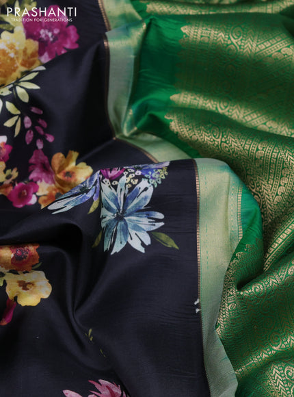 Pure kanchipuram silk saree black and green with allover floral digital prints and rich zari woven border