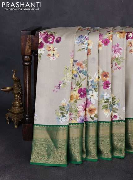 Pure kanchipuram silk saree beige and green with allover floral digital prints and rich zari woven border