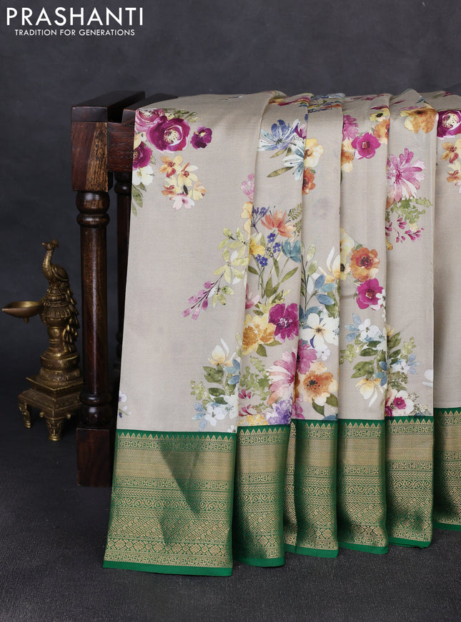 Pure kanchipuram silk saree beige and green with allover floral digital prints and rich zari woven border