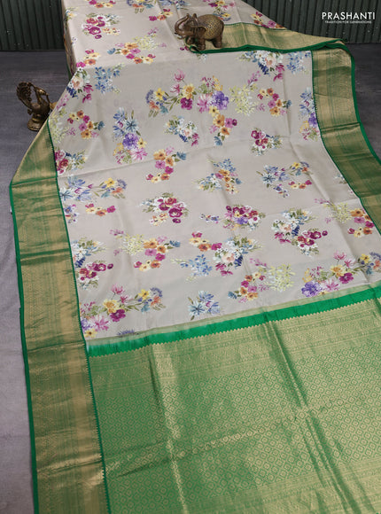 Pure kanchipuram silk saree beige and green with allover floral digital prints and rich zari woven border