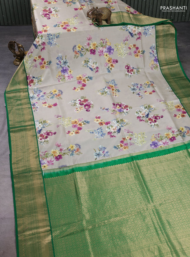 Pure kanchipuram silk saree beige and green with allover floral digital prints and rich zari woven border
