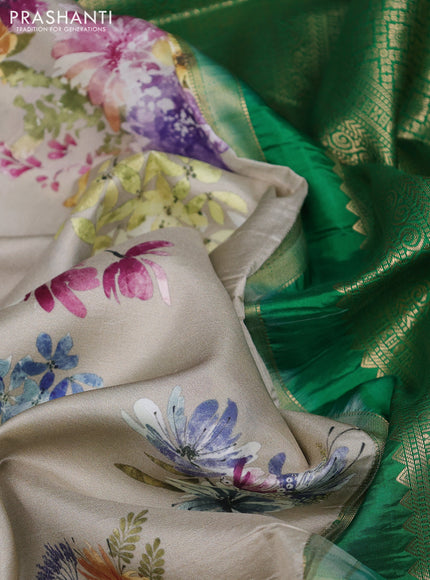 Pure kanchipuram silk saree beige and green with allover floral digital prints and rich zari woven border
