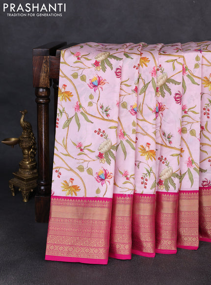 Pure kanchipuram silk saree light pink and pink with allover floral digital prints and rich zari woven border