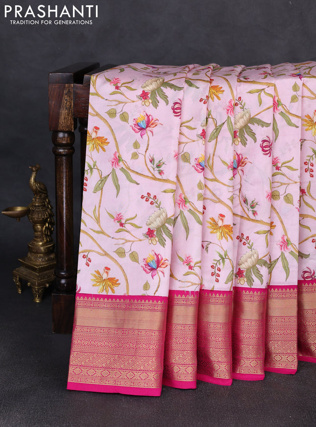 Pure kanchipuram silk saree light pink and pink with allover floral digital prints and rich zari woven border