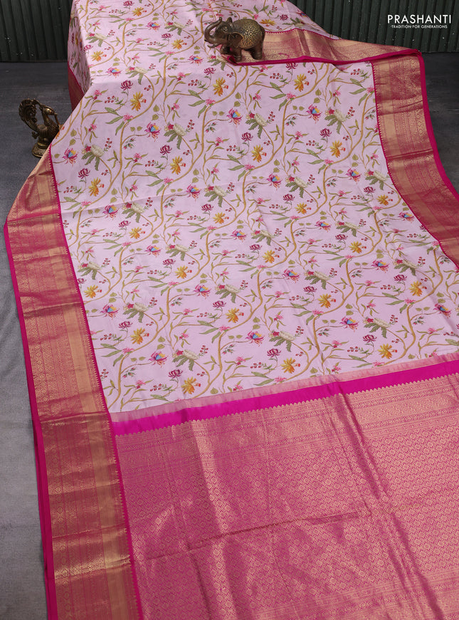 Pure kanchipuram silk saree light pink and pink with allover floral digital prints and rich zari woven border
