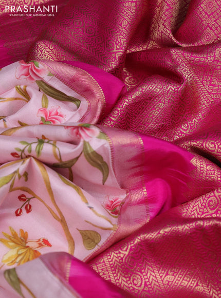 Pure kanchipuram silk saree light pink and pink with allover floral digital prints and rich zari woven border
