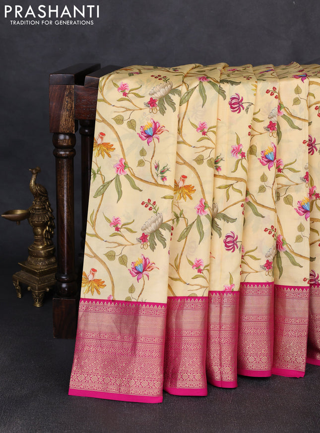 Pure kanchipuram silk saree pale yellow and pink with allover floral digital prints and rich zari woven border