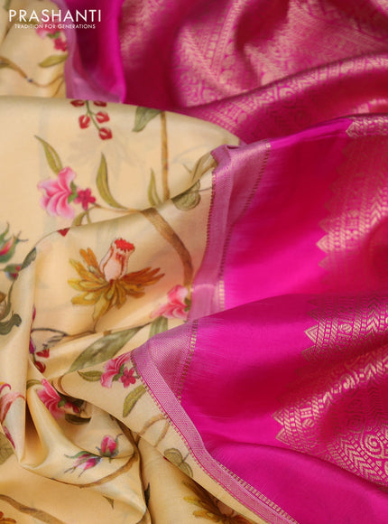 Pure kanchipuram silk saree pale yellow and pink with allover floral digital prints and rich zari woven border