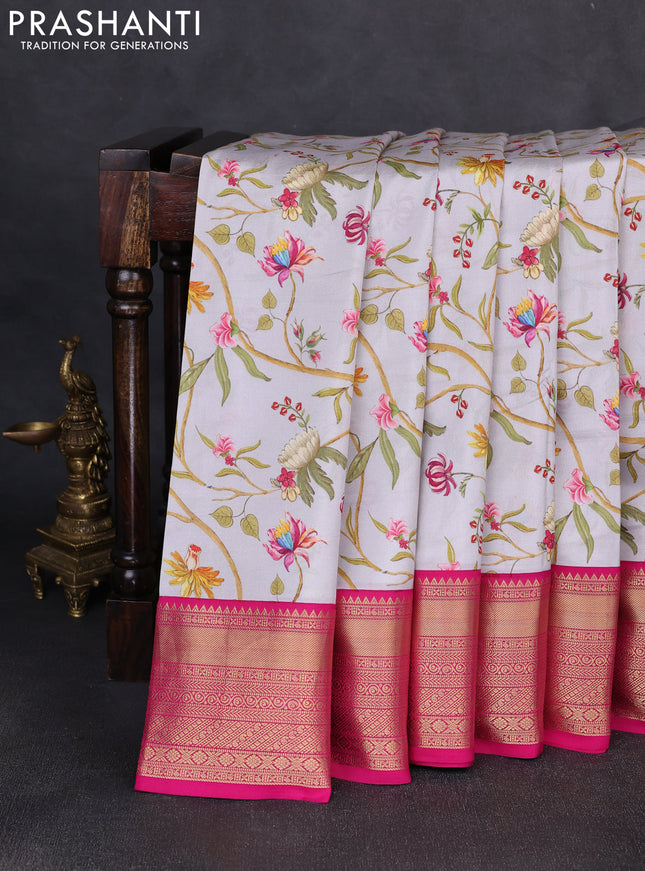 Pure kanchipuram silk saree pastel grey and pink with allover floral digital prints and rich zari woven border