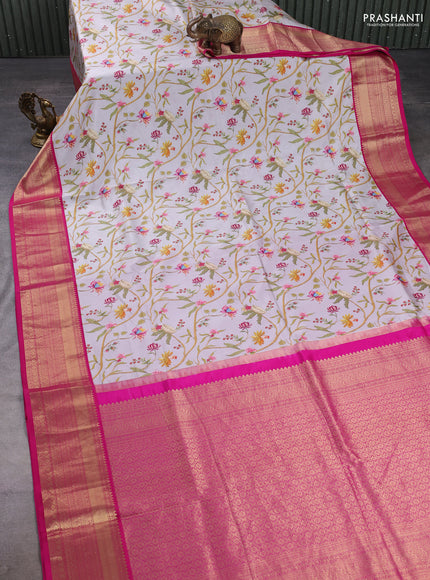 Pure kanchipuram silk saree pastel grey and pink with allover floral digital prints and rich zari woven border