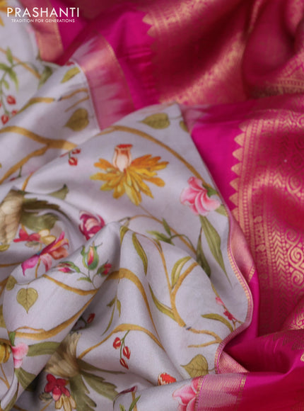 Pure kanchipuram silk saree pastel grey and pink with allover floral digital prints and rich zari woven border